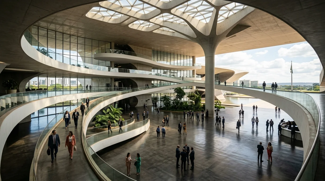 Arquitetura moderna de edifício governamental com servidores públicos em ambiente institucional