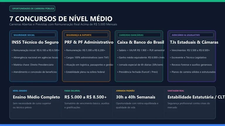 7 Concursos de Nível Médio Abertos e Previstos com Salários Acima de R$ 5 Mil