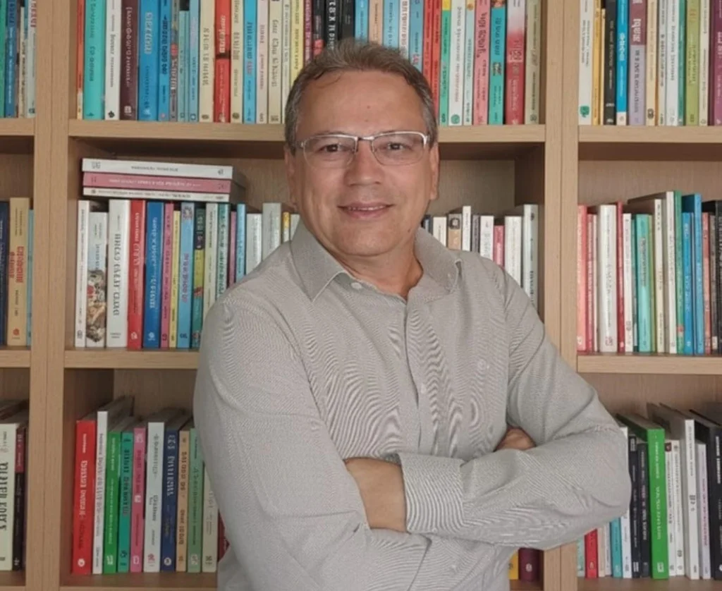 César Teixeira em sua biblioteca com livros de pedagogia e legislação educacional