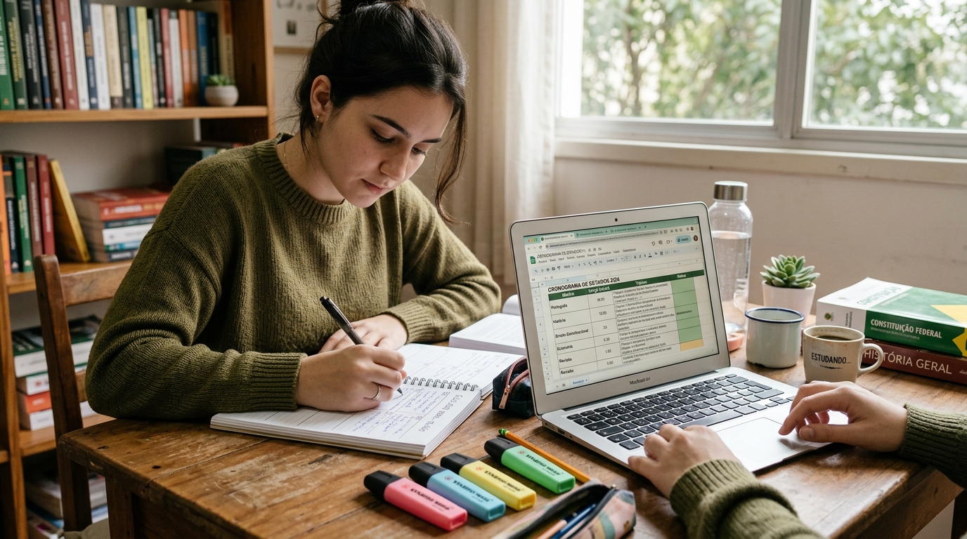 Estudante organizando ciclo de estudos semanal com planilhas e livros de concurso
