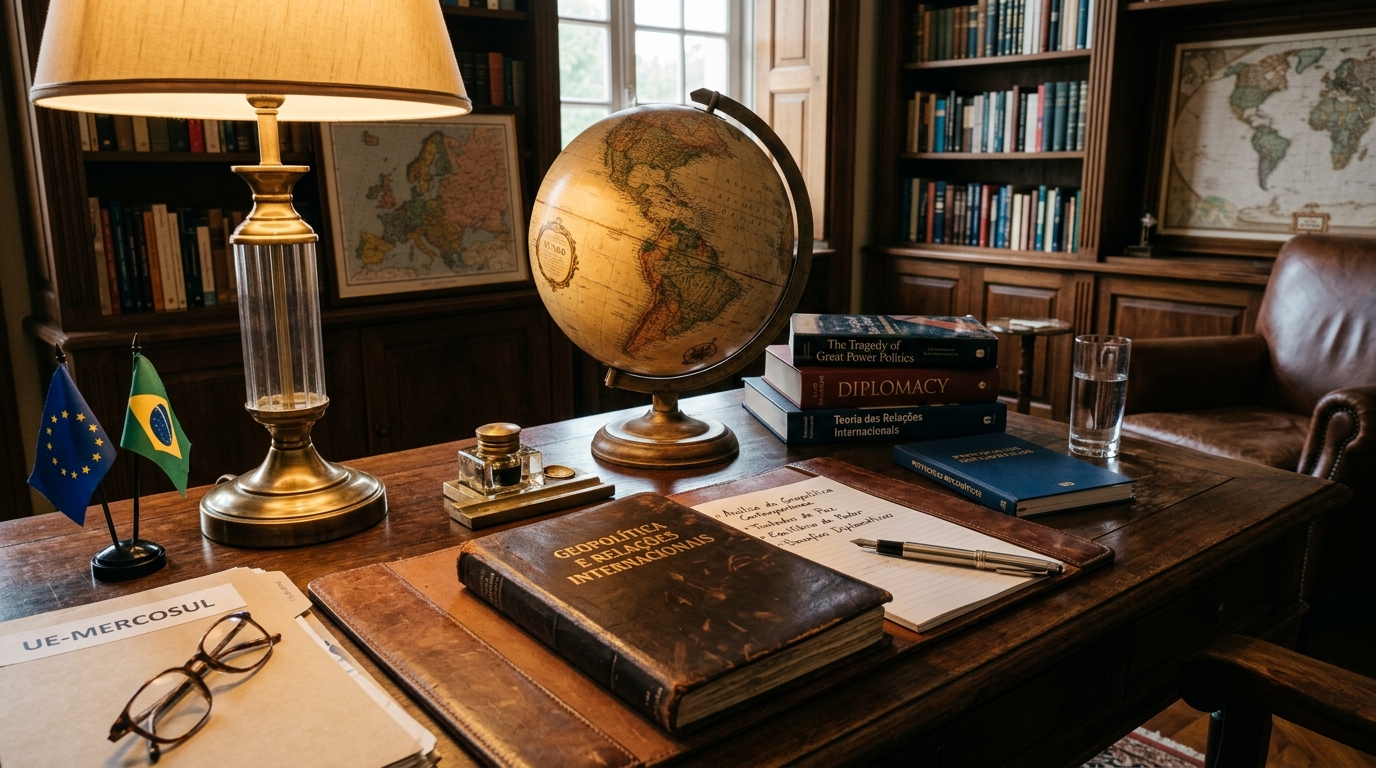 Mesa de estudos para a carreira diplomática do Instituto Rio Branco com livros de geopolítica e relações internacionais