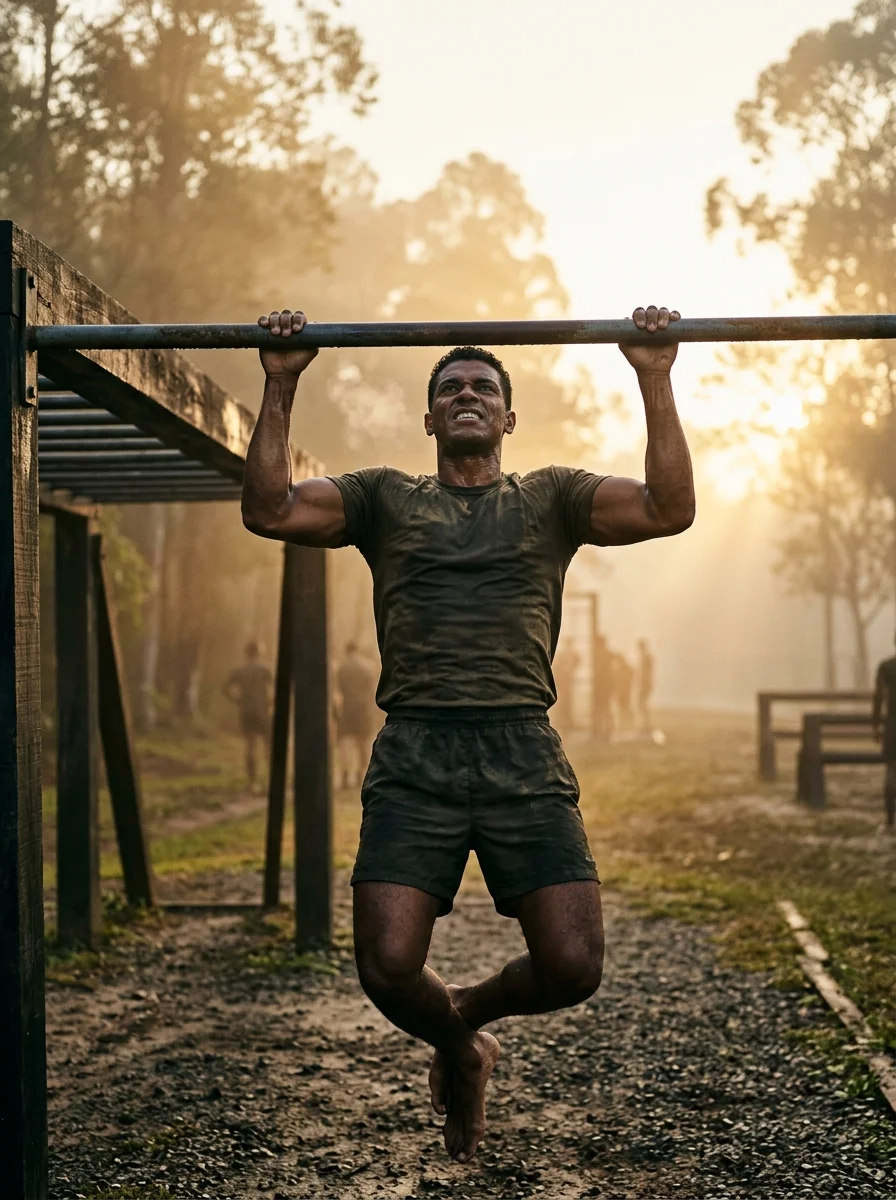 Candidato realizando flexão em barra fixa para o TAF do Concurso PMAL ao amanhecer
