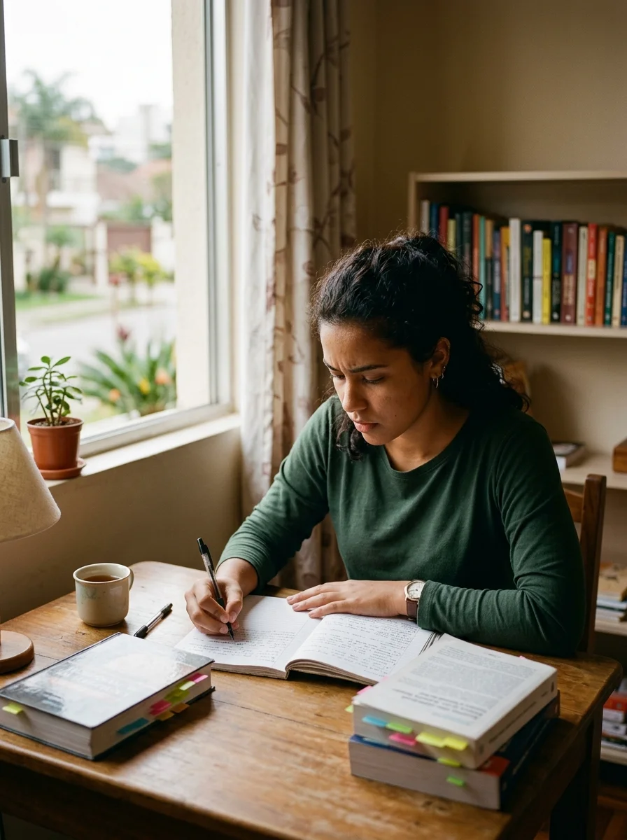 Candidata estudando com foco para o Concurso PMAL em sala com livros e cadernos