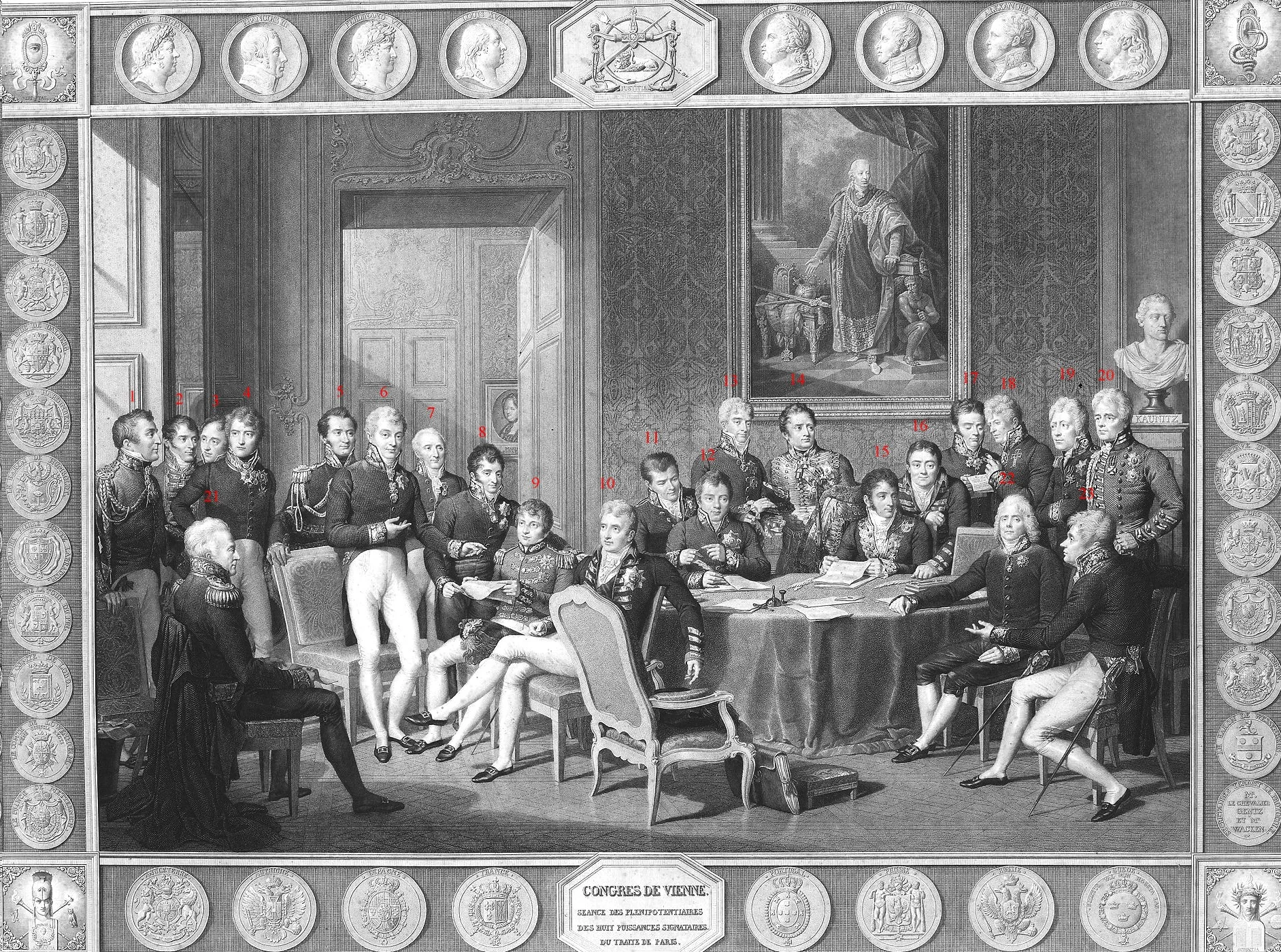 Diplomatas e soberanos europeus reunidos no Congresso de Viena em 1815 redesenhando o mapa geopolítico da Europa