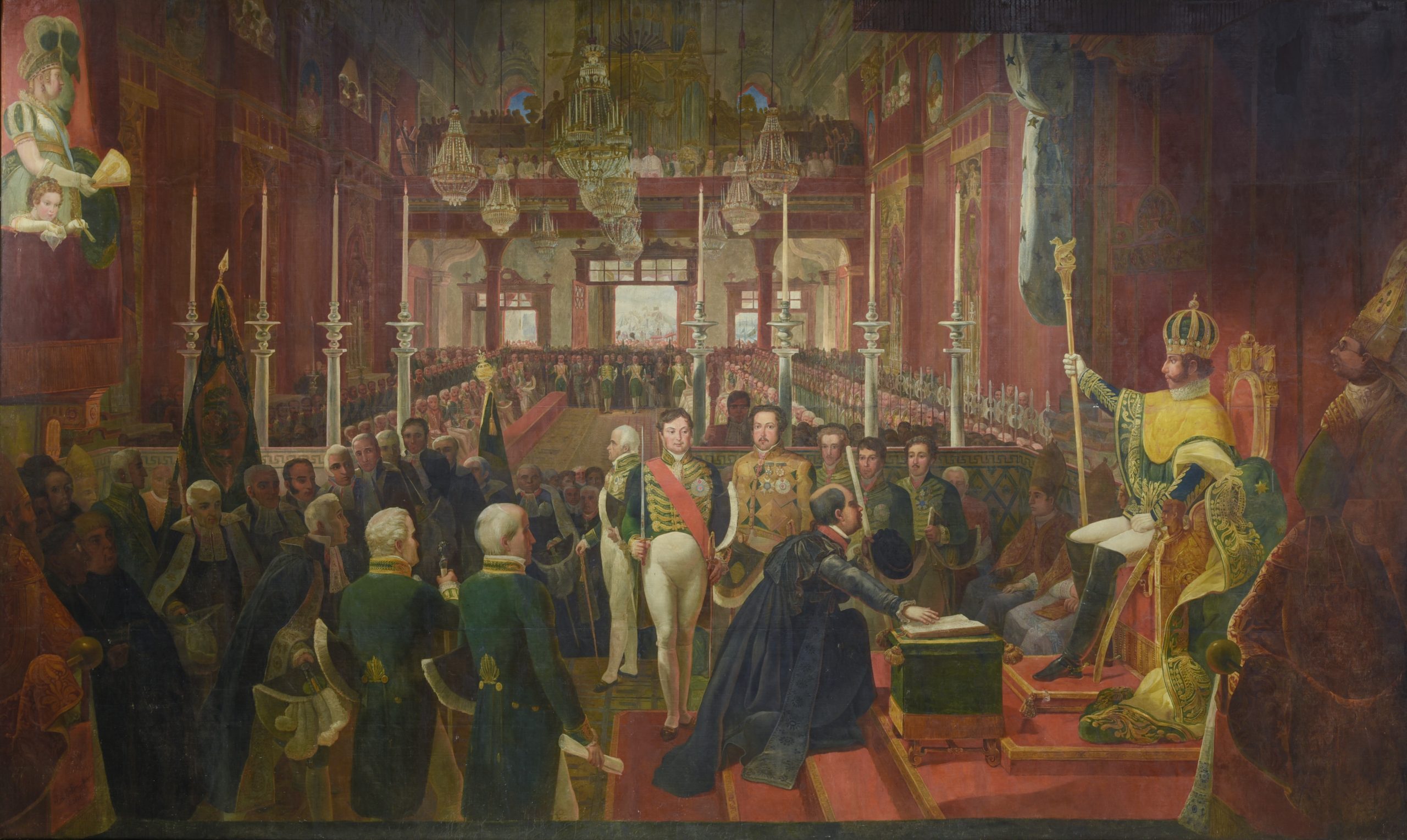 Pintura histórica monumental de Jean-Baptiste Debret com nobres, bispos e conselheiros reunidos na Corte do Rio de Janeiro