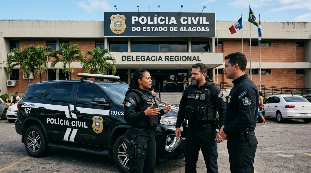 Direito Constitucional PCAL: Equipe operacional da Polícia Civil em frente à Delegacia Regional em Alagoas