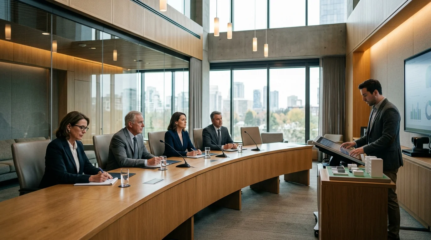 Comissão avaliadora em bancada analisando habilidades práticas e competências no setor público