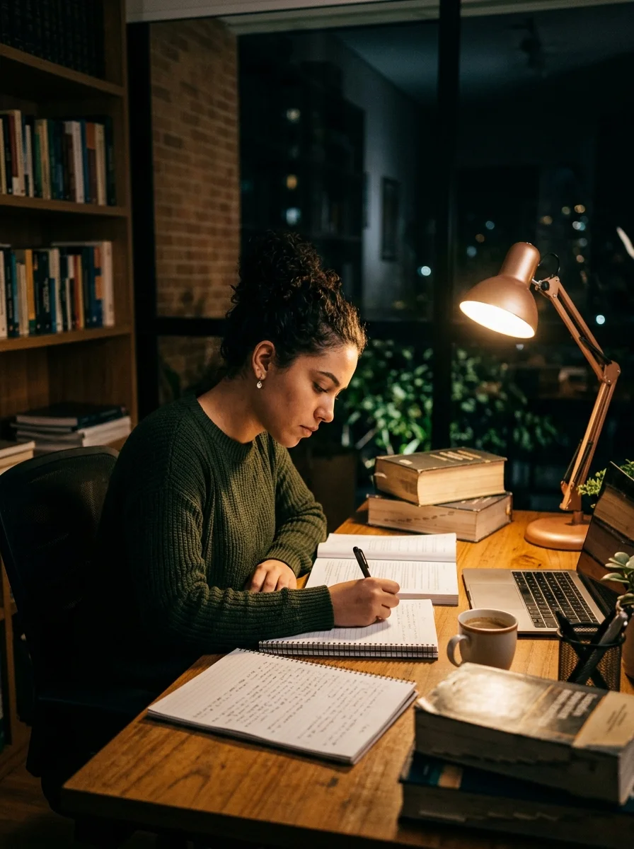 Candidata estudando legislação tributária e contabilidade para o concurso da Receita Federal 2026