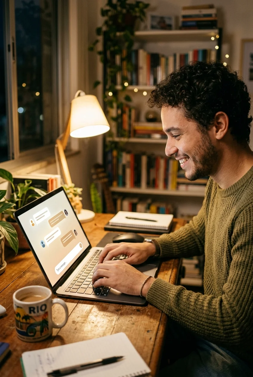 Estudante sorridente no notebook conversando com a IA em interface de chat didática