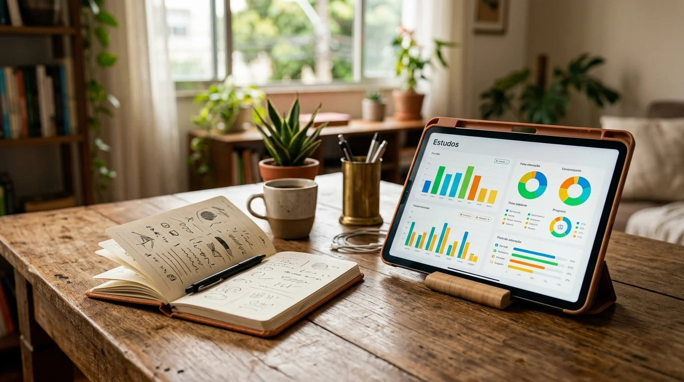 Comparativo visual entre agenda em papel com horários fixos e tablet com gráficos de ciclo de estudos