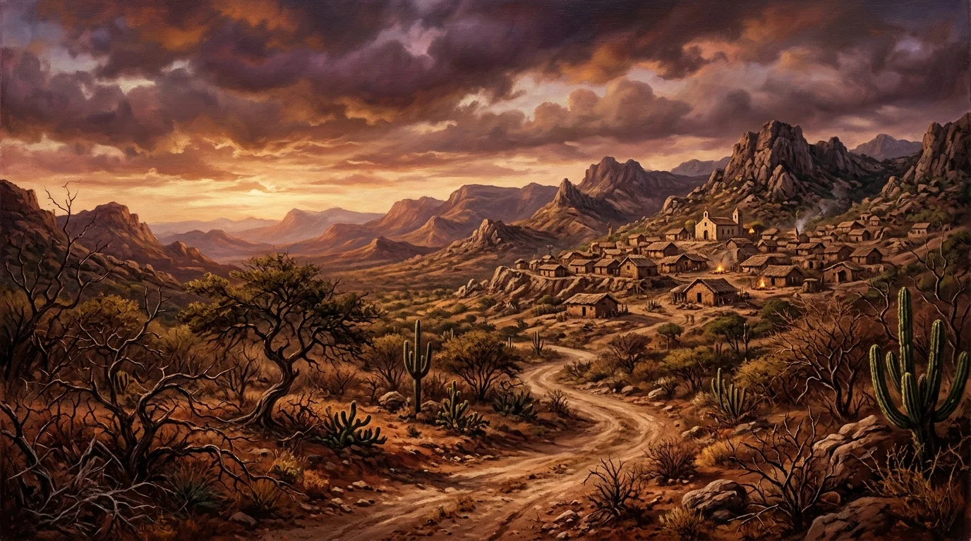 Paisagem histórica do sertão baiano na região de Canudos com vegetação de caatinga e casebres ao fundo sob o crepúsculo.