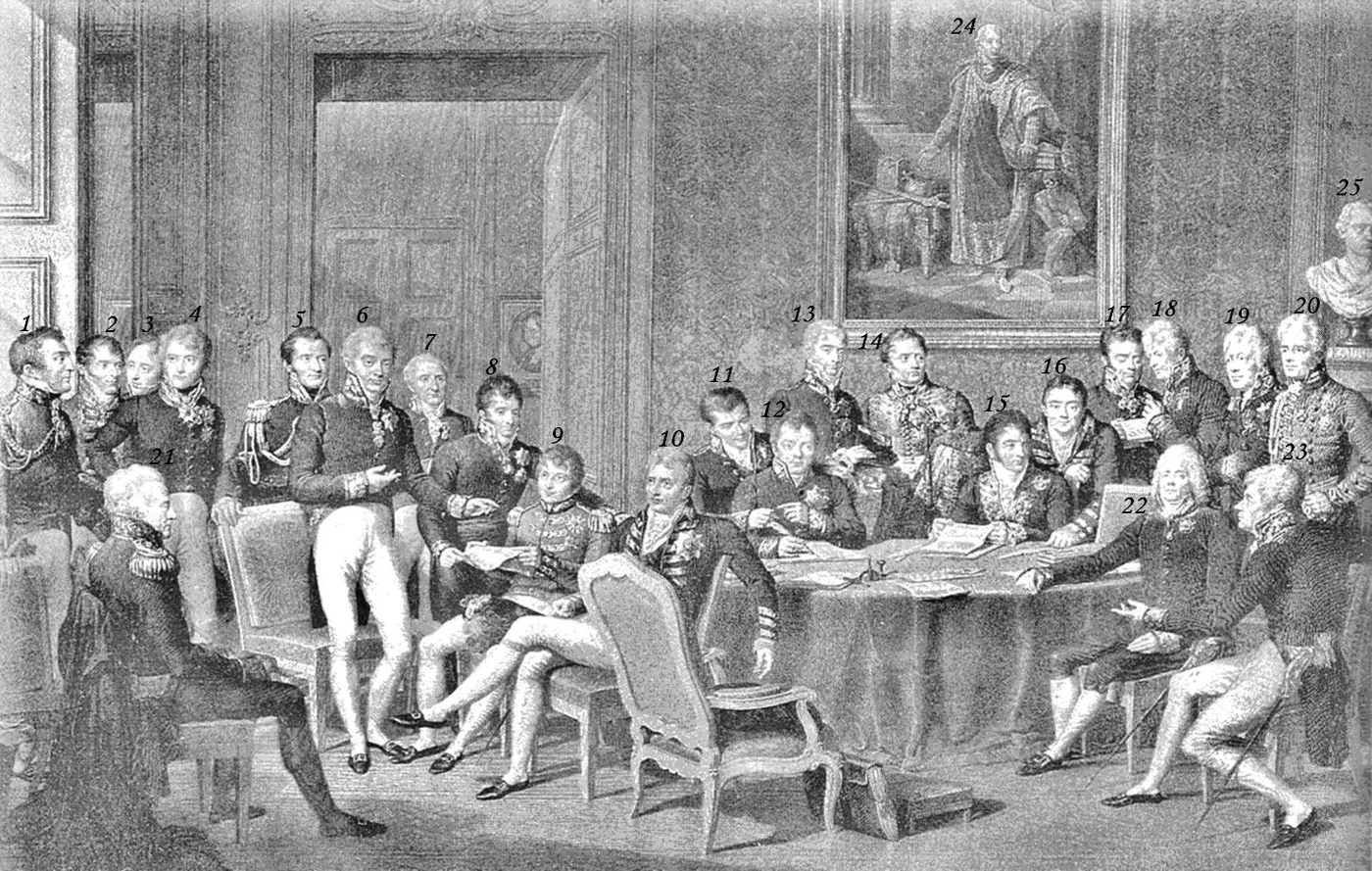 Gravura histórica do Congresso de Viena de 1815 que estabeleceu as normas da carreira diplomática e do protocolo internacional