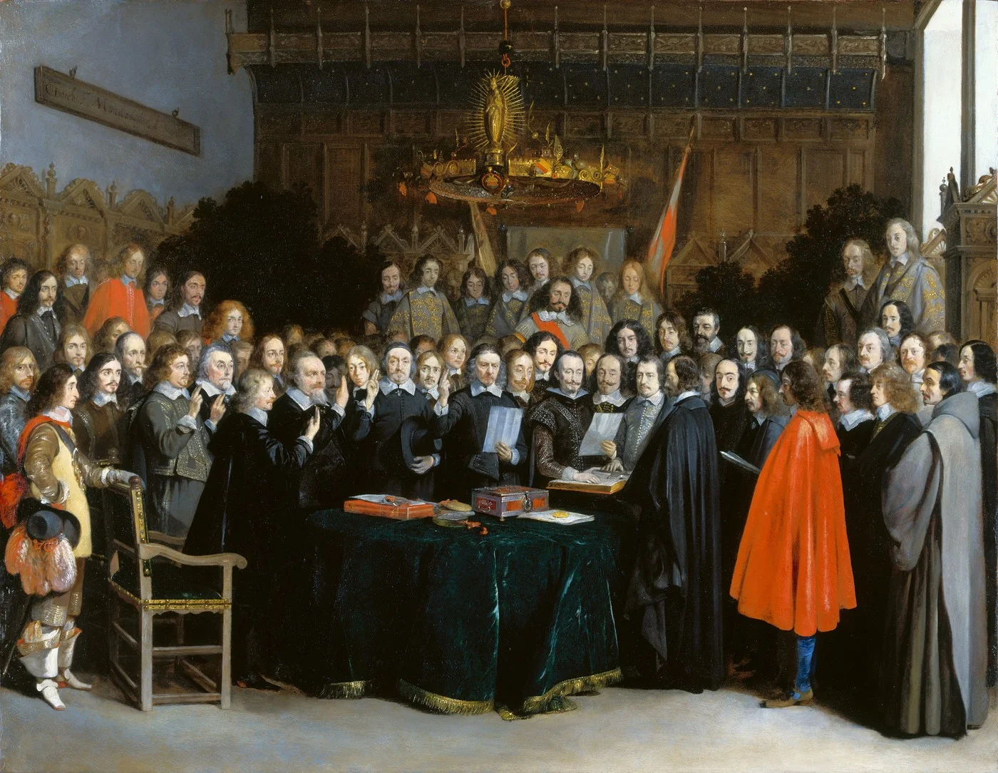 Pintura histórica retratando a ratificação da Paz de Vestfália em 1648 marco fundamental da história da diplomacia moderna