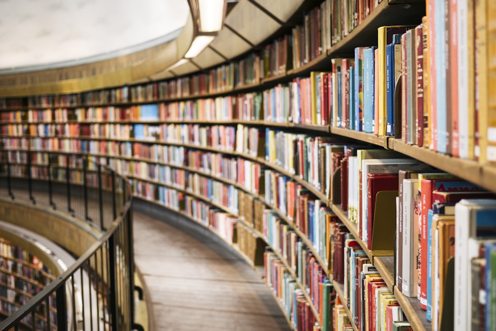 Fileiras de livros e pastas em biblioteca clássica representando a evolução histórica da avaliação educacional