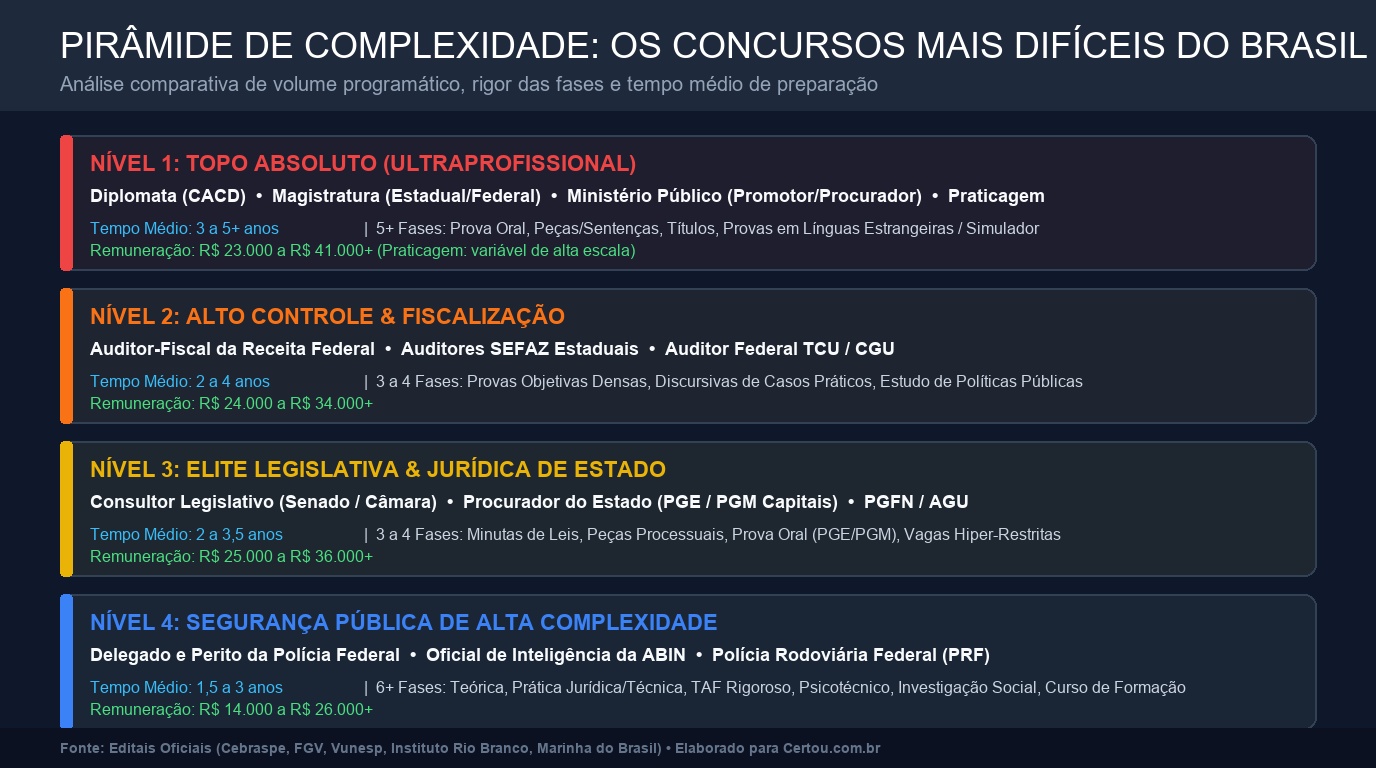 Infográfico da pirâmide de complexidade dos concursos mais difíceis do Brasil com níveis de remuneração e tempo médio de estudo