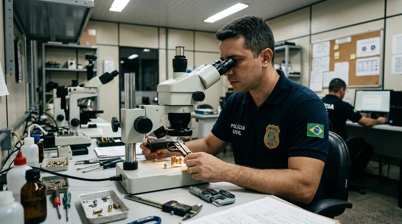 Legislação Especial PCAL: Perito criminal examinando arma de fogo em microscópio balístico forense