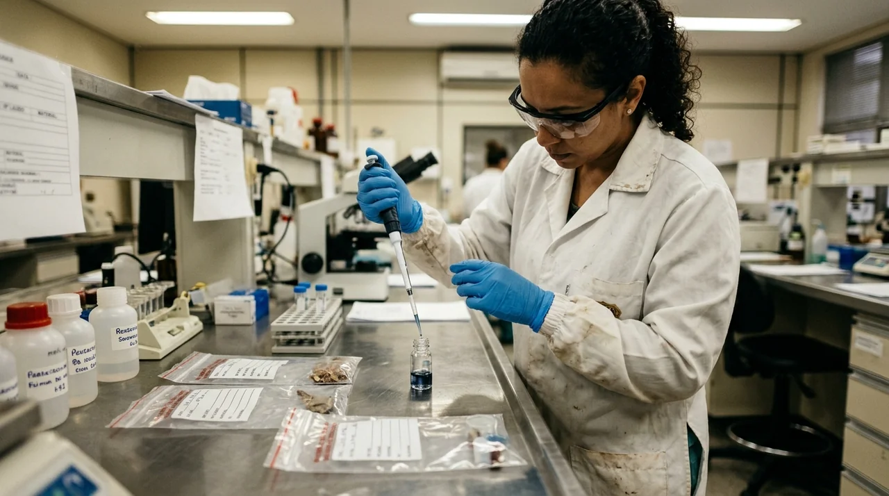 Legislação Especial PCAL: Perito oficial realizando exame preliminar de constatação de drogas em laboratório