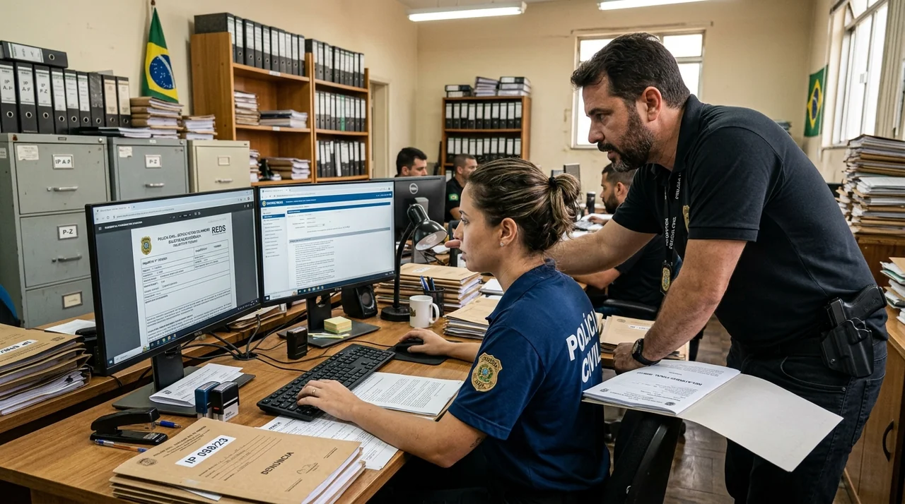 Lotação PCAL: Policiais civis trabalhando em cartório com sistemas de inquérito e procedimentos