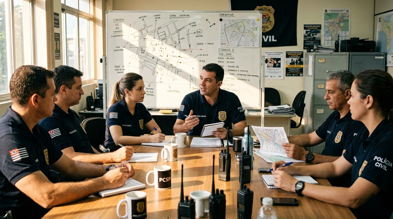 Lotação PCAL: Equipe de policiais civis em reunião de planejamento operacional na delegacia