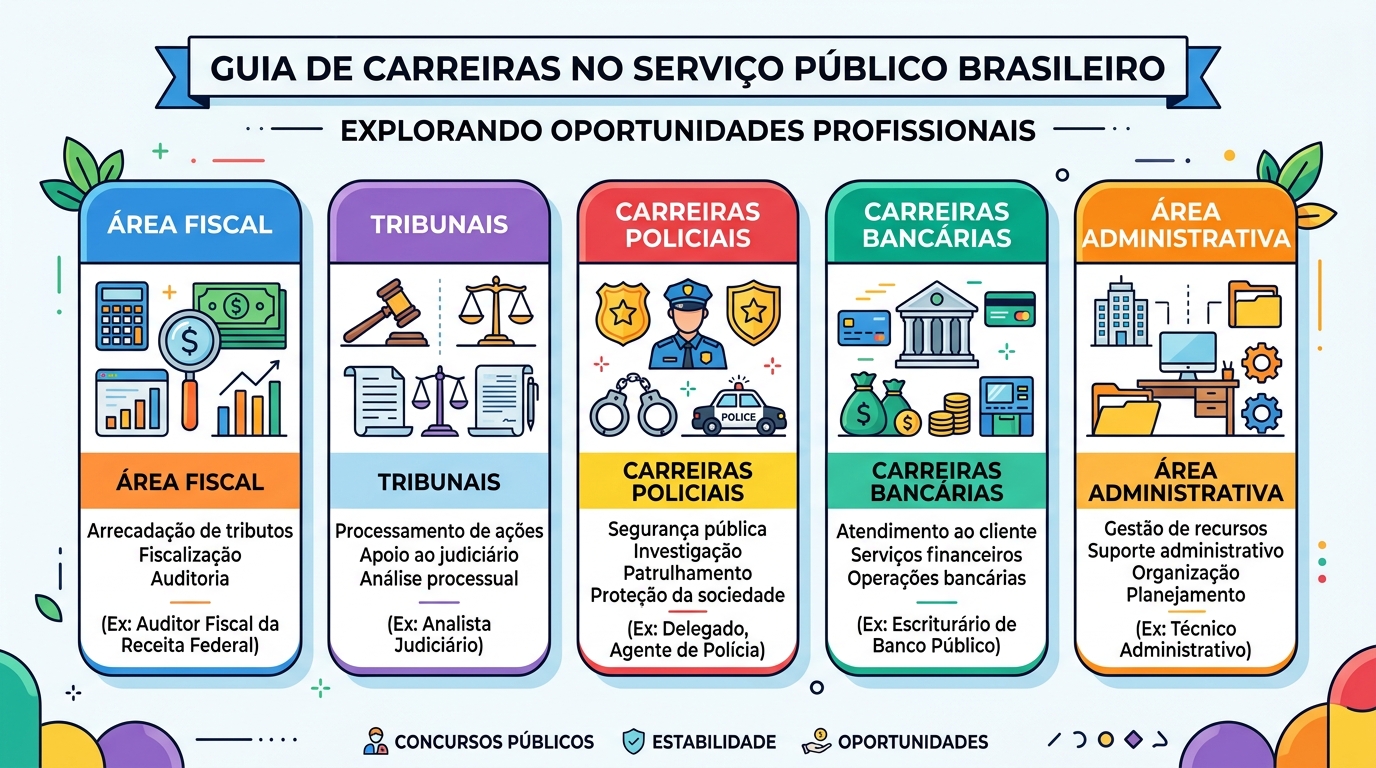 Infográfico ilustrado em português com as principais áreas de concursos: Fiscal, Tribunais, Policiais, Bancárias e Administrativas