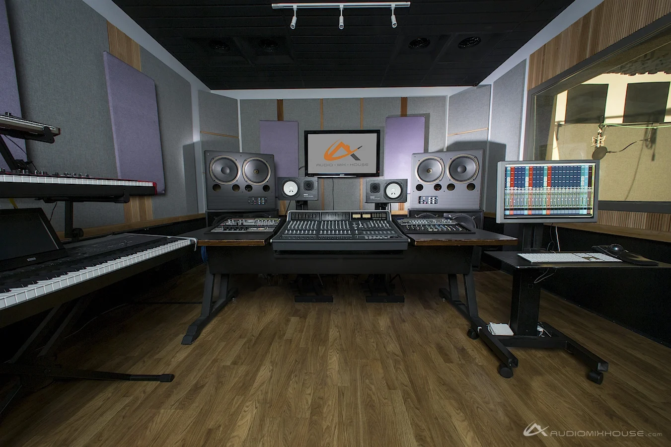 Mesa de mixagem de estúdio com controles de frequências acústicas e equalizadores