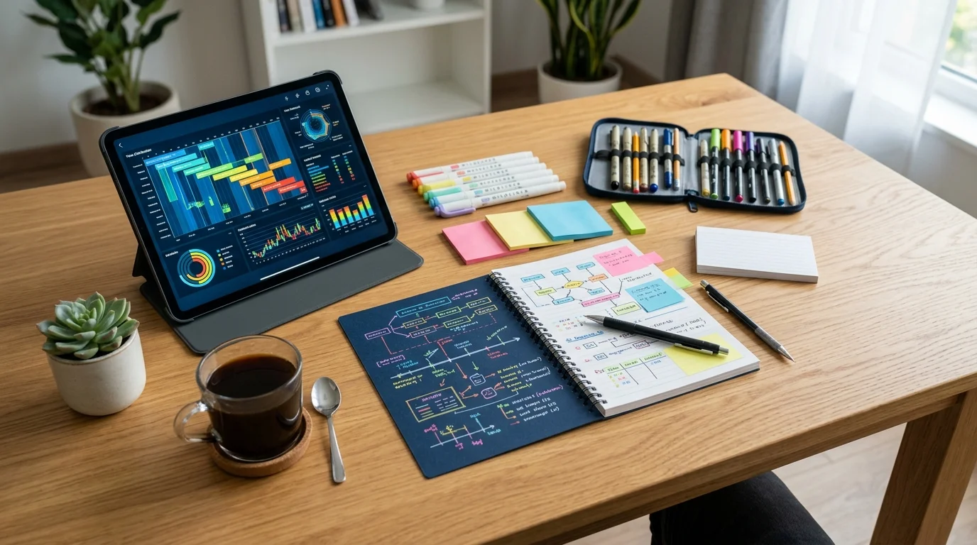 Visão superior de mesa com materiais organizados e tablet com distribuição de horas do ciclo de estudos