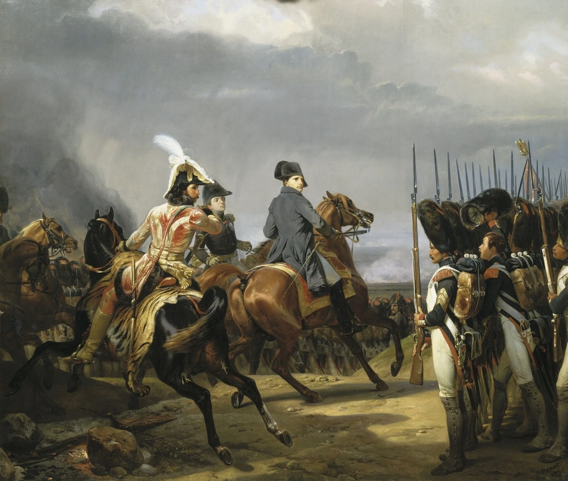 Napoleão Bonaparte a cavalo observando a Batalha de Jena em 1806 contra as forças prussianas