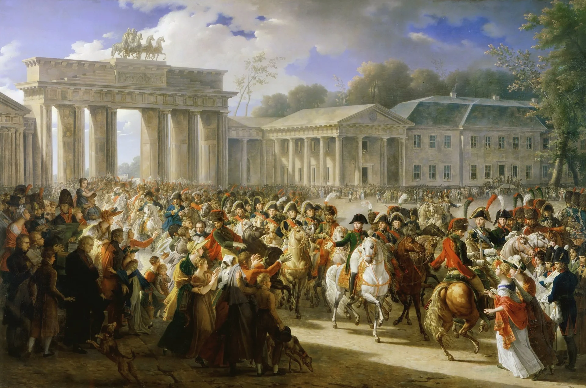 Napoleão Bonaparte marchando triunfalmente pelo Portão de Brandemburgo em Berlim após a derrota prussiana em 1806
