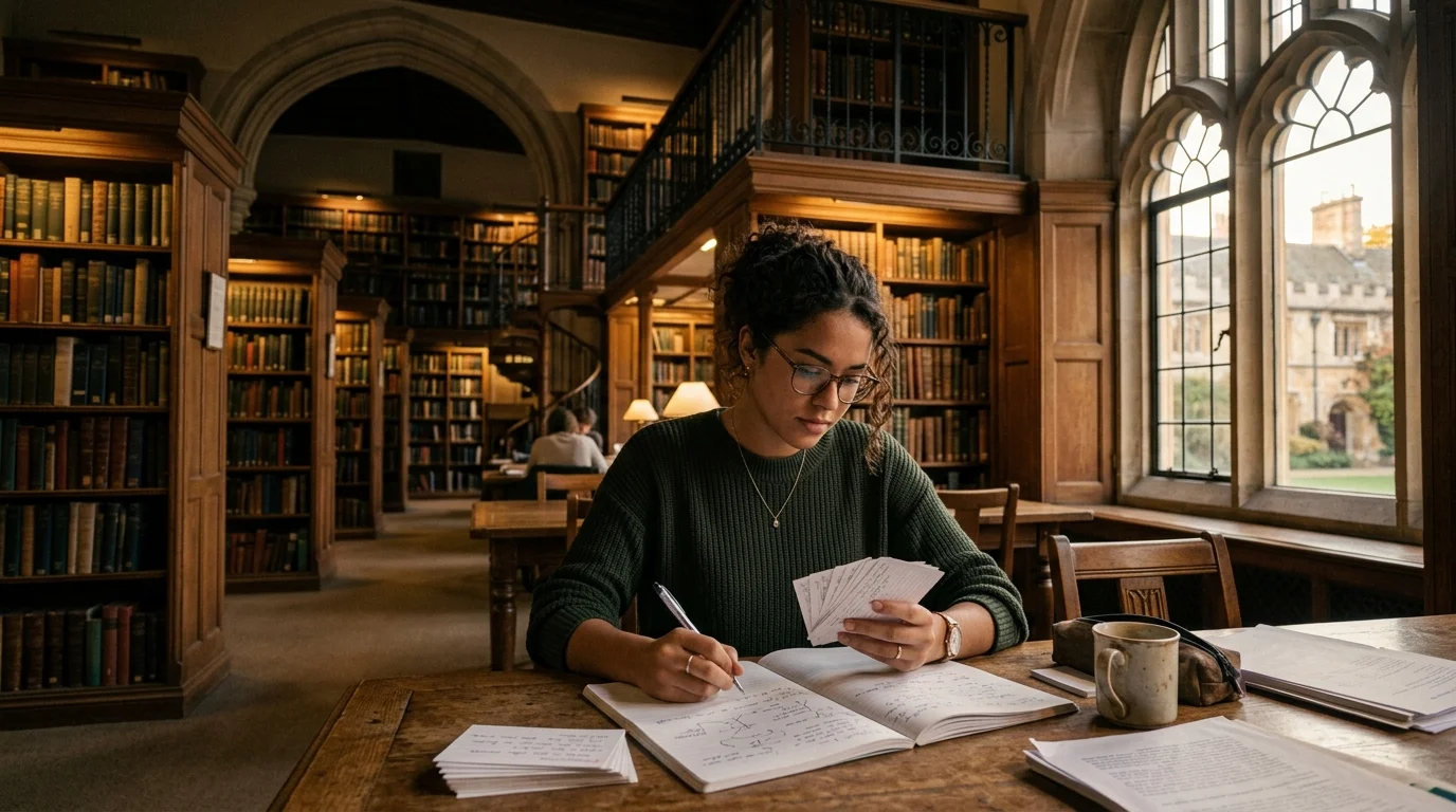 Estudante em biblioteca universitária utilizando flashcards e anotações ativas para consolidação de memória