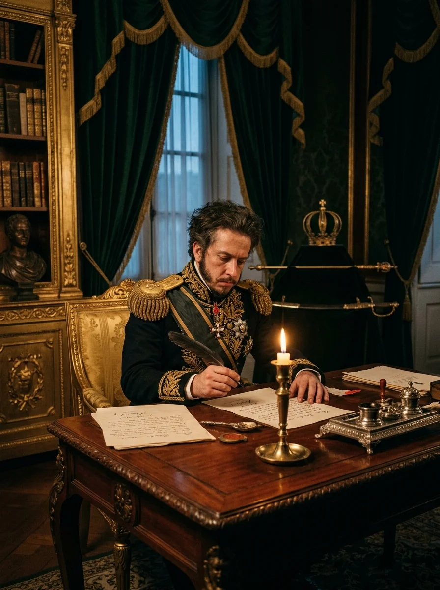 Imperador Dom Pedro I assinando a carta de abdicacao ao trono imperial do Brasil apos a crise da Noite das Garrafadas
