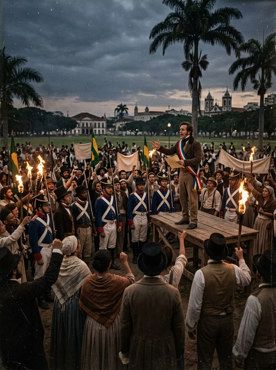 Manifestacao popular e tropas amotinadas no Campo de Santana exigindo a mudanca ministerial apos a Noite das Garrafadas