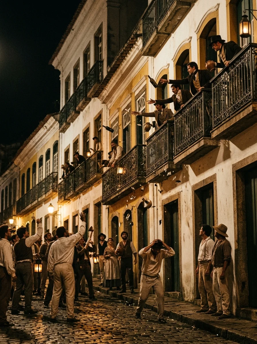 Comerciantes portugueses arremessando garrafas das sacadas coloniais contra brasileiros na Noite das Garrafadas