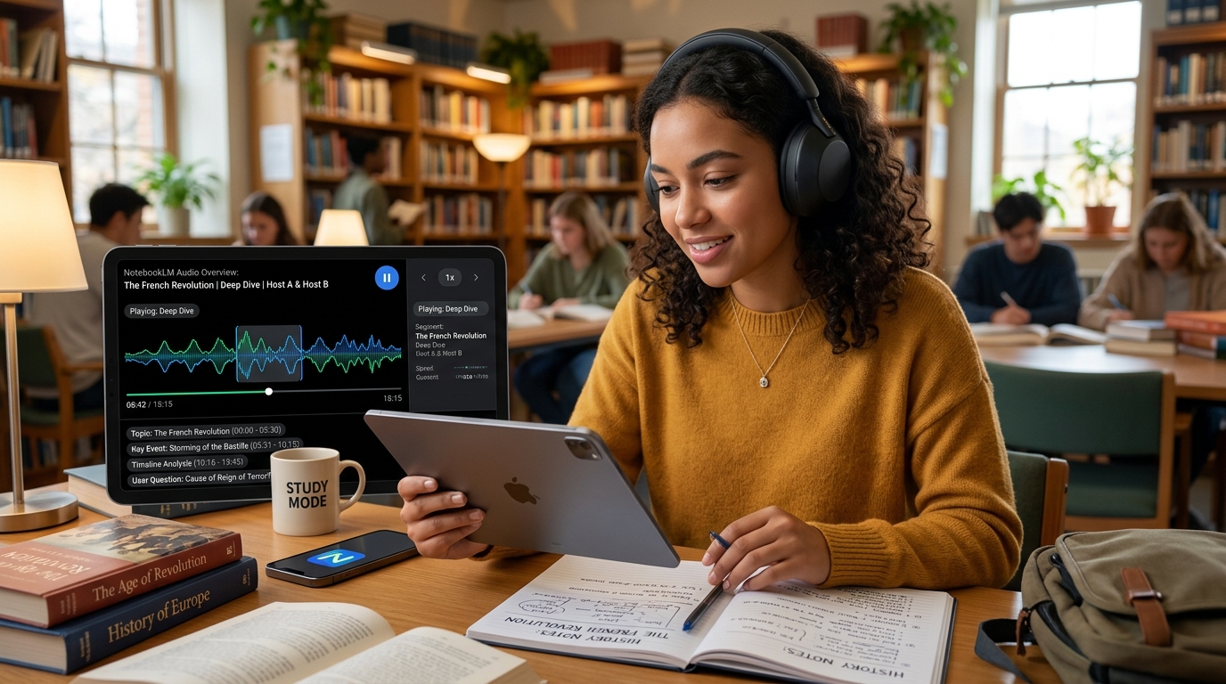 Estudante utilizando o recurso de Audio Overview em formato de podcast do NotebookLM