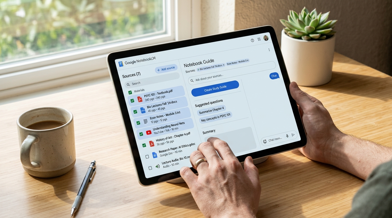 Interface de gestão de fontes e upload de documentos no Google NotebookLM