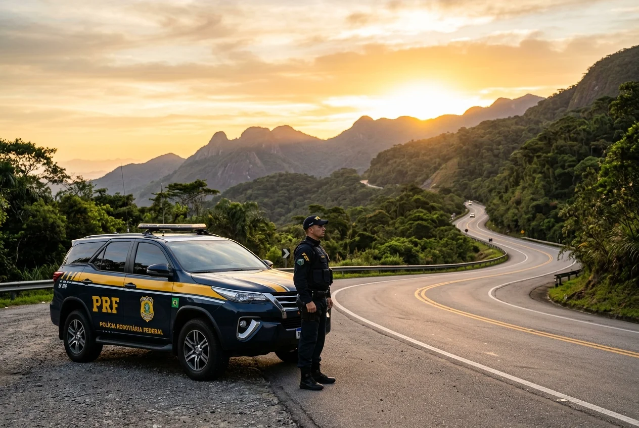 Concurso PRF: Policial Rodoviário Federal e viatura em fiscalização em rodovia