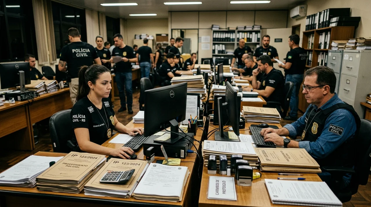 Processo Penal PCAL: Escrivães e agentes de polícia civil lavrando procedimento de flagrante no cartório