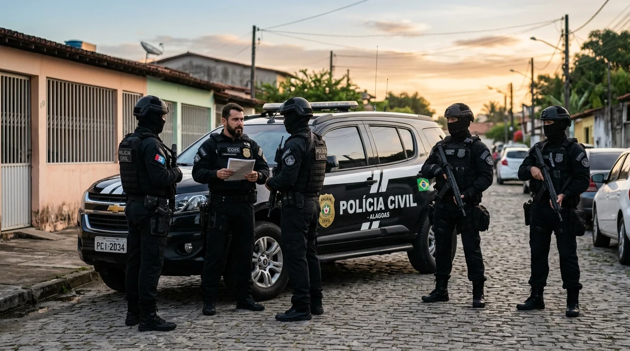 Processo Penal PCAL: Equipe tática de policiais civis cumprindo mandado de busca e apreensão ao amanhecer