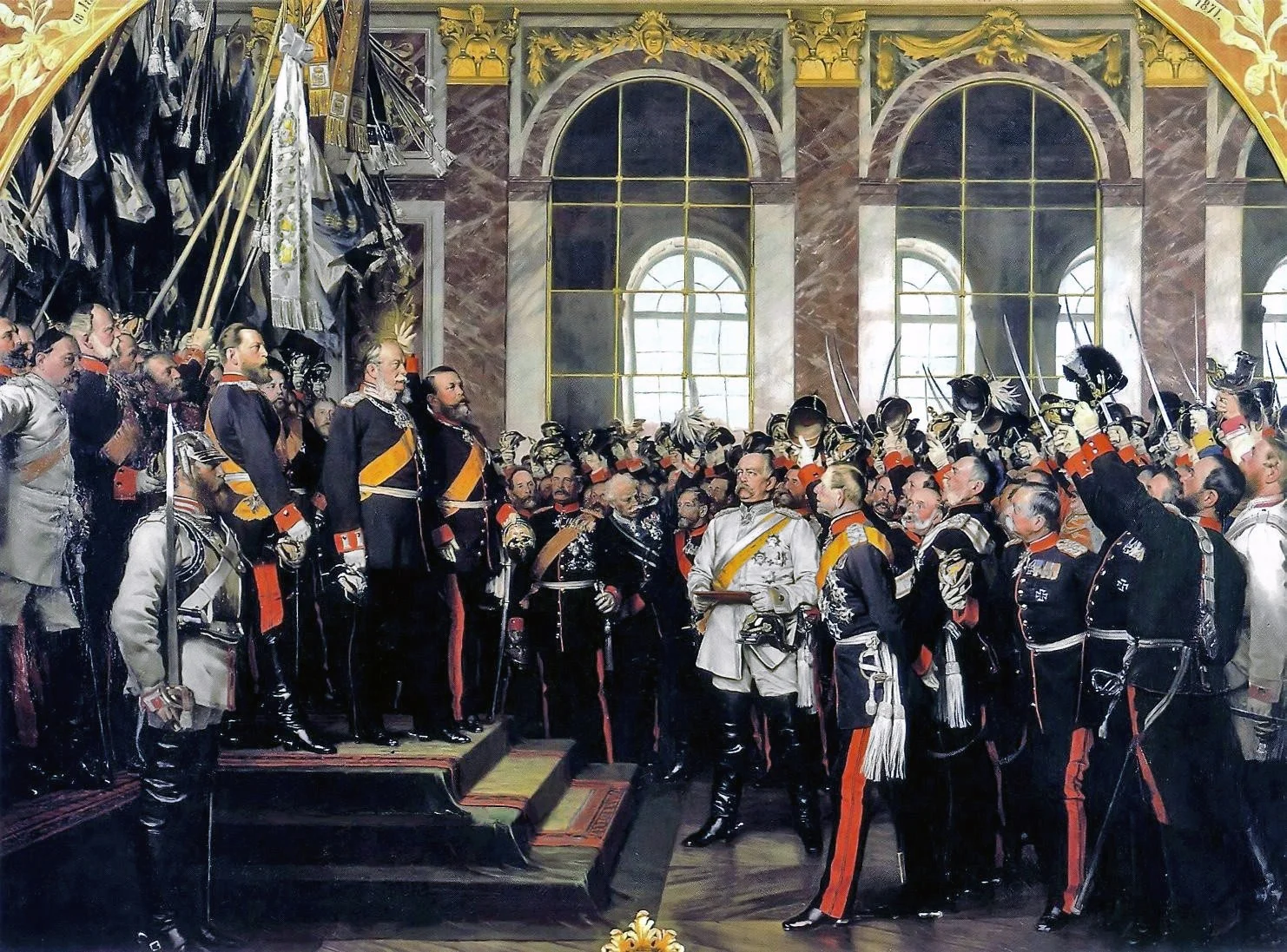 Otto von Bismarck e líderes alemães proclamando o Império Alemão no Salão dos Espelhos do Palácio de Versalhes em 1871