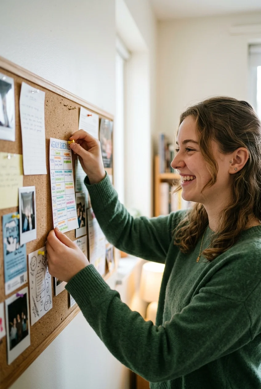 Estudante feliz fixando plano de estudos e ciclo de revisões em quadro de cortiça