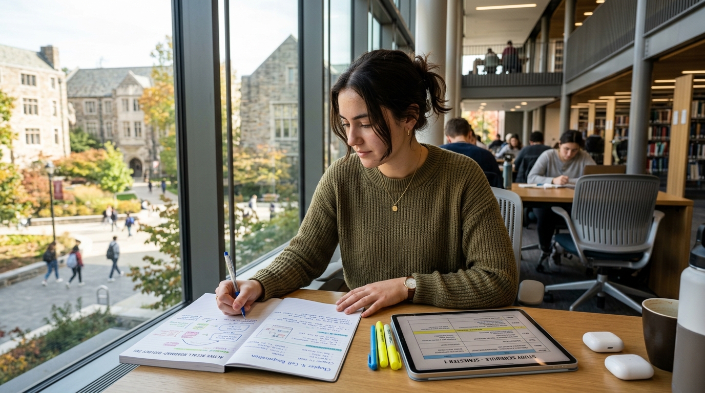 Estudante concentrado na leitura de periódicos e livros de diplomacia em ambiente de estudos focado