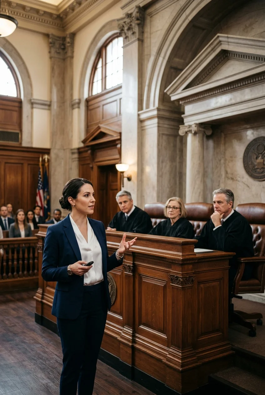 Candidata de terno fazendo apresentação oral com gestos diante de banca de juízes em sala de audiência clássica