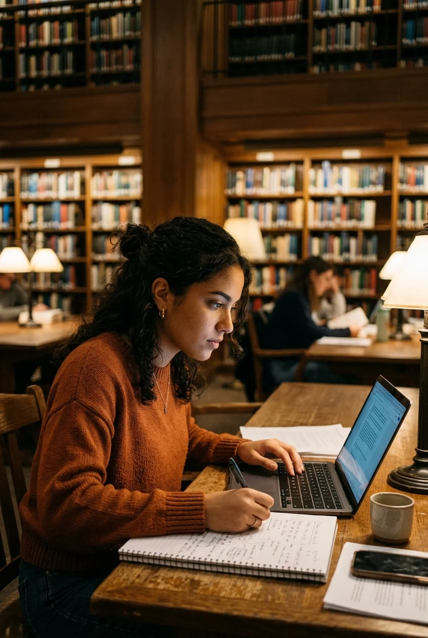 Estudante concentrada resolvendo simulado em biblioteca universitária com laptop e caderno