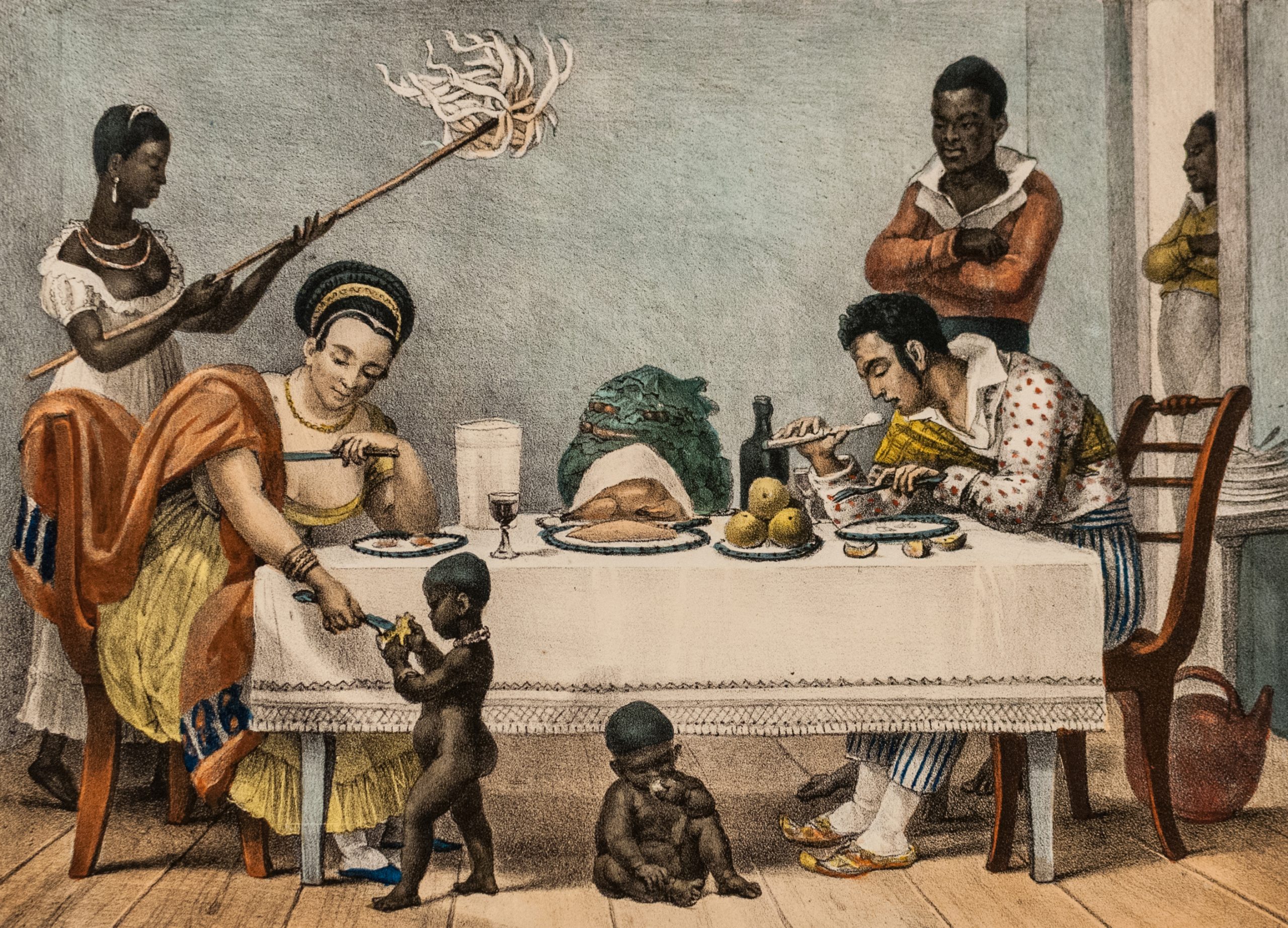 Gravura histórica de Jean-Baptiste Debret retratando um funcionário público do século XIX a passeio com sua família no Rio de Janeiro