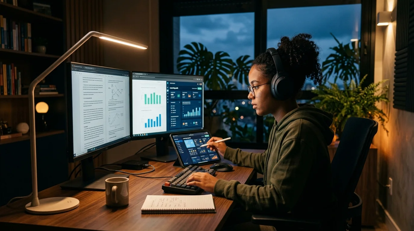 Estudante em escritório moderno à noite monitorando métricas e progresso no ciclo de estudos