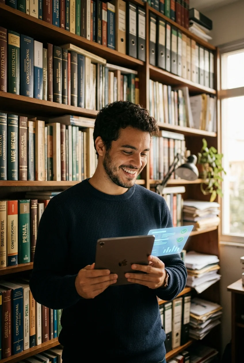Estudante sorrindo ao ler explicações jurídicas em um tablet em frente a estante de livros de direito