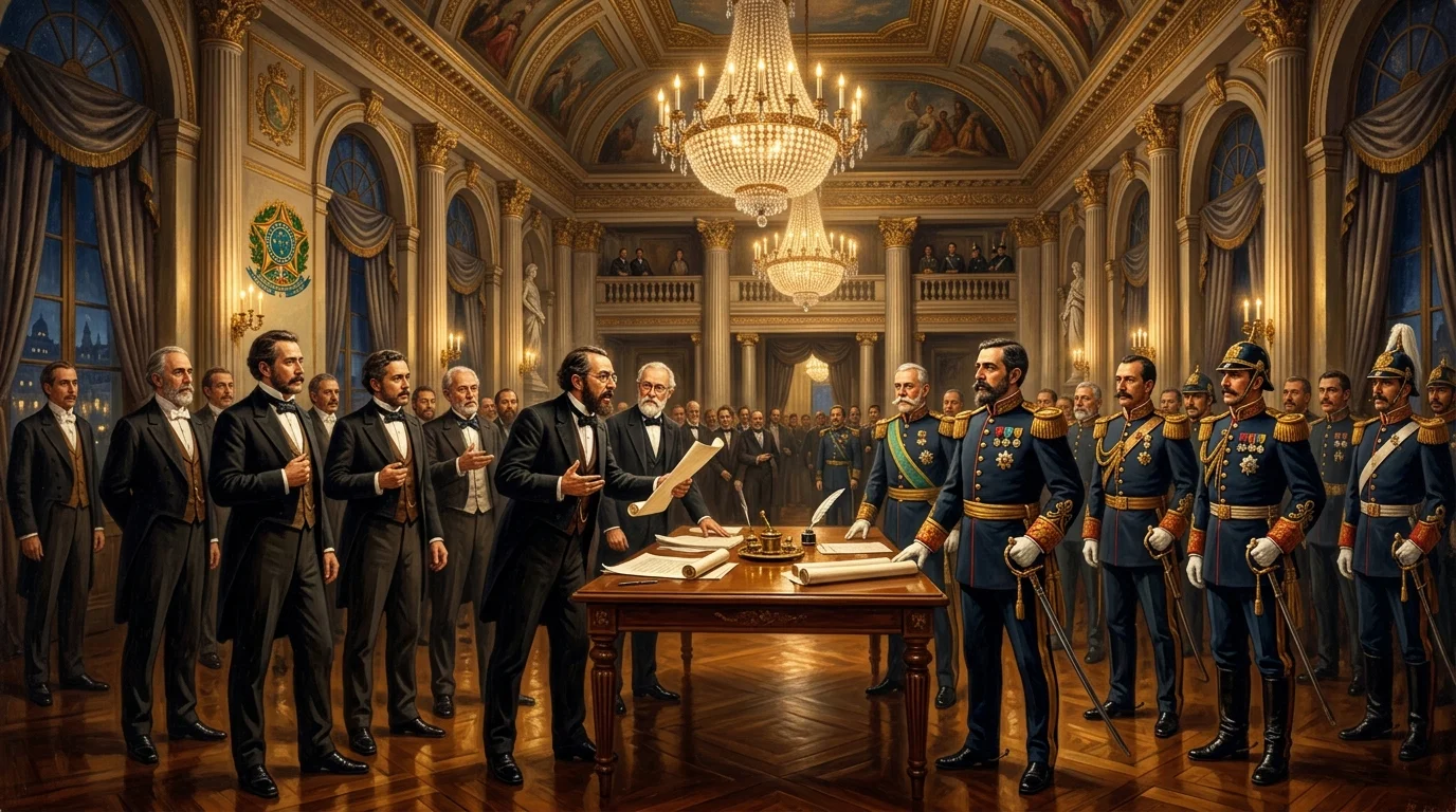Reunião solene no palácio de governo representando a transição dos militares da República da Espada para a liderança civil de Prudente de Morais.